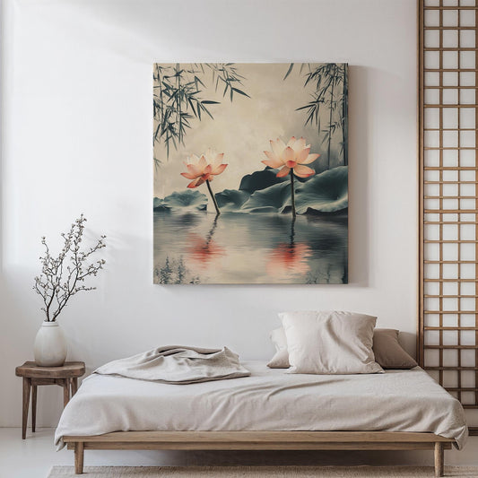 Canvas Art Print, Japanese Lotus Pond Wall Decor Tranquil, Zen, Minimalist, Nature-Inspired, Wabi-Sabi, Japandi, Serene Gift, Home Accent