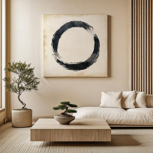 Zen Enso Circle Canvas Art, Minimalist Japanese Painting Effect, Elegant Black Ink Canvas Print, Perfect Gift for Mindfulness and Meditation