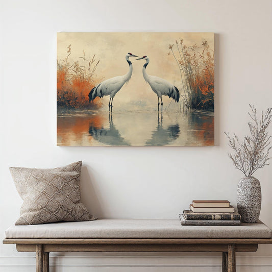 Canvas Art Print, Japanese Crane Wall Decor - Vintage, Peaceful, Longevity, Cultural, Japandi, Wabi-Sabi, Nature Gift, Art Lover Gift