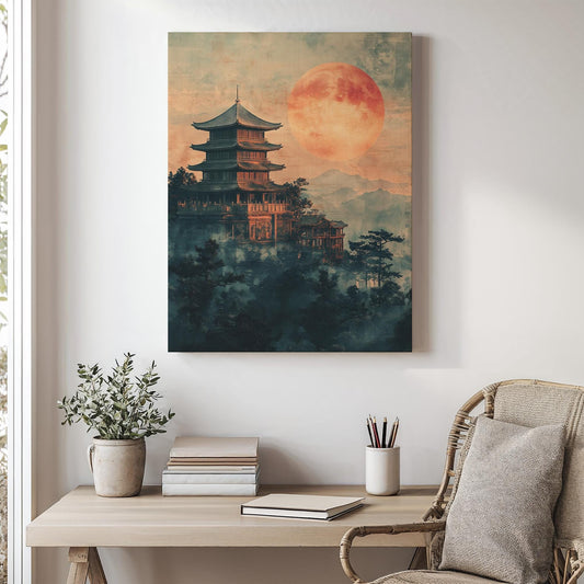 Canvas Art Print, Japanese Temple at Twilight Serene, Vintage, Zen, Cultural, Night Scene, Japandi, Wabi-Sabi, Peaceful Gift, Home Accent