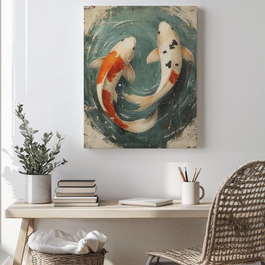 Canvas Art Print, Japanese Koi Fish Wall Decor Whimsical, Zen, Nature-Inspired, Vintage, Cultural, Japandi, Serene Gift, Home Accent