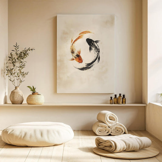 Koi Fish Yin Yang Canvas Art, Zen Minimalist Painting, Elegant Balance Decor, Perfect Gift for Harmony and Tranquility