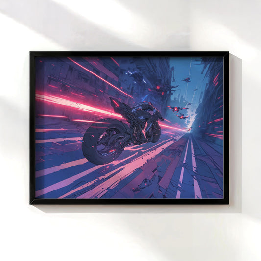 Cyberpunk Motorcycle Chase Poster, Futuristic Anime Wall Art, High-Speed Sci-Fi Decor, Perfect Gift for Anime and Action Fans, Gamers