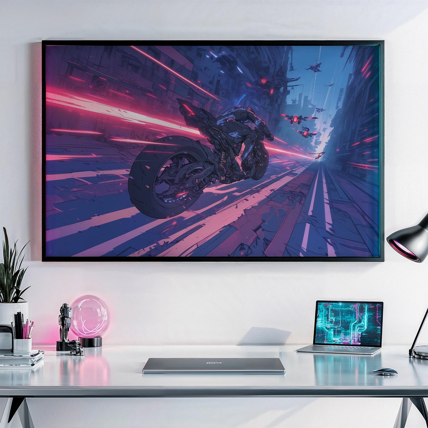 Cyberpunk Motorcycle Chase Poster, Futuristic Anime Wall Art, High-Speed Sci-Fi Decor, Perfect Gift for Anime and Action Fans, Gamers