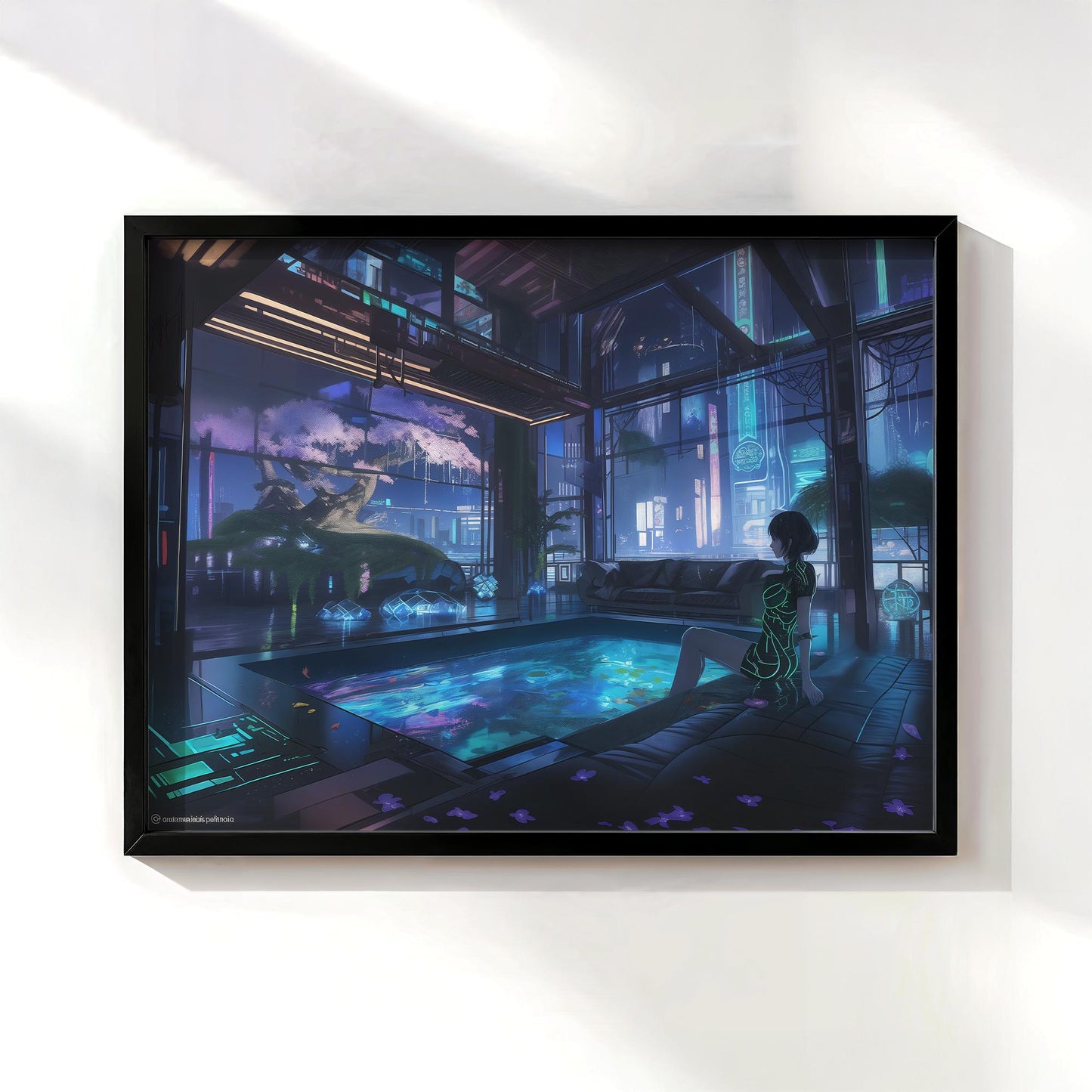 Cyberpunk Lounge Poster, Futuristic Neon Cityscape Wall Art, Retro Anime-Inspired Sci-Fi Decor, Great Gift for Anime and Tech Fans, Gamers