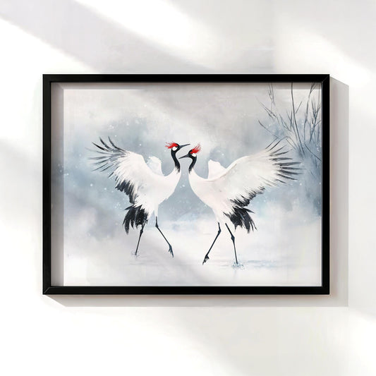 The Cranes Dance in Snow Poster Print, Japanese Sumi-e Artwork, Red-Crowned Crane Wall Decor, Zen Gift for Art Lovers and Meditation Spaces