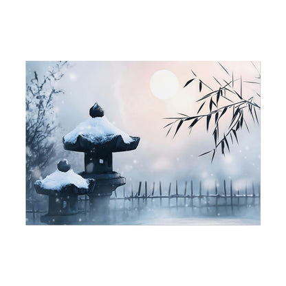 Moonlit Snow Garden Poster Print - Japanese Winter Night Art - Zen-Inspired Wall Decor - Elegant Gift for Meditation Spaces