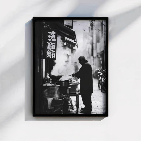 Vintage Japanese Street Vendor Poster Print Retro Black and White Wall Art, Minimalist Urban Decor, Gift for Food Lovers and Japan Fans