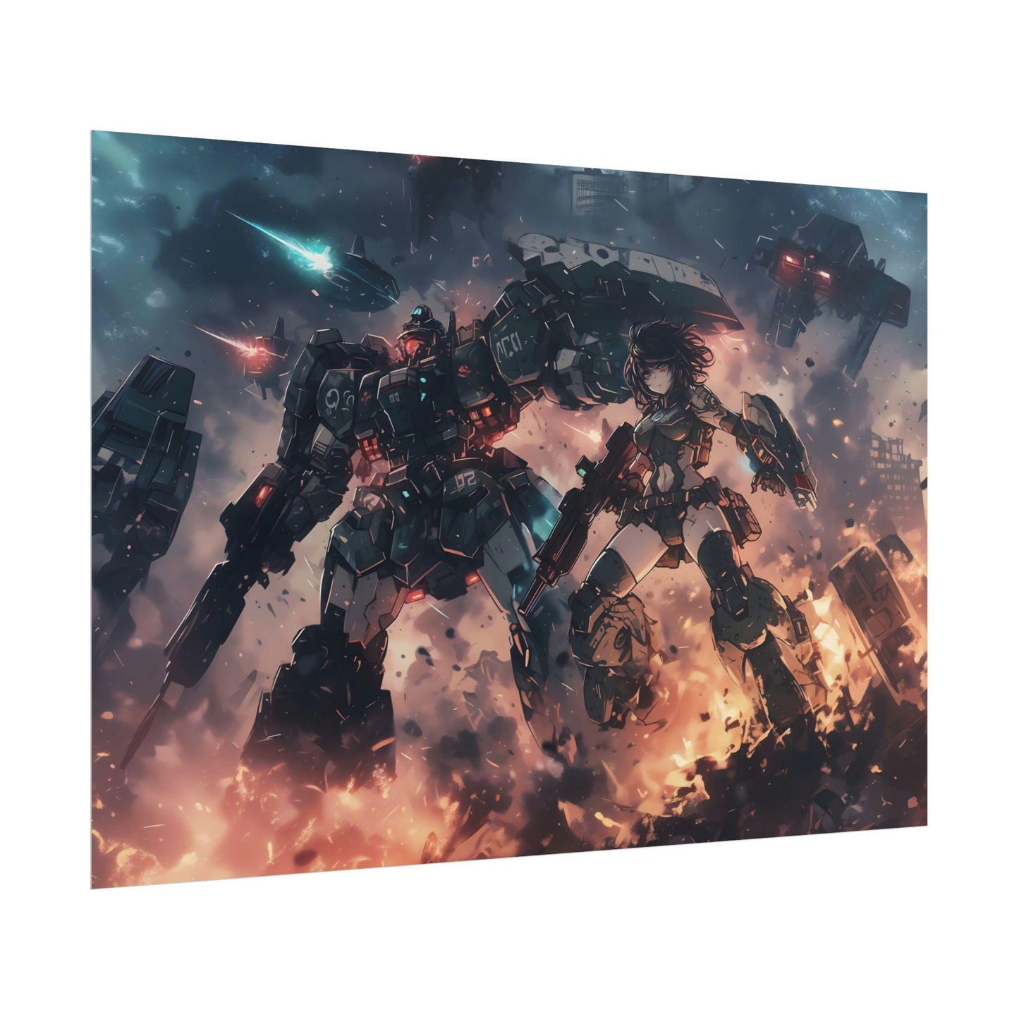 Retro Mecha Battle Poster Print, Cyberpunk Anime Wall Art, 80s-90s Sci-Fi Aesthetic Decor, Perfect Gift for Anime and Gamer Fans