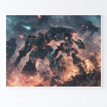 Retro Mecha Battle Poster Print, Cyberpunk Anime Wall Art, 80s-90s Sci-Fi Aesthetic Decor, Perfect Gift for Anime and Gamer Fans