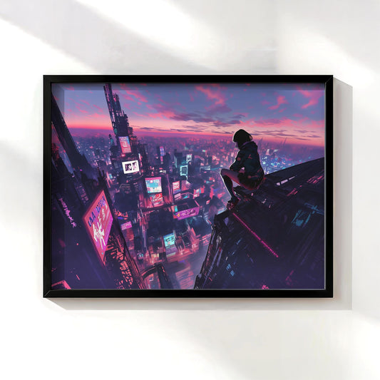 Cyberpunk Skyline Poster, Retro Anime Cityscape Art, Futuristic 80s-90s Sci-Fi Wall Decor, Great Gift for Anime, Sci-Fi Fans and Gamers