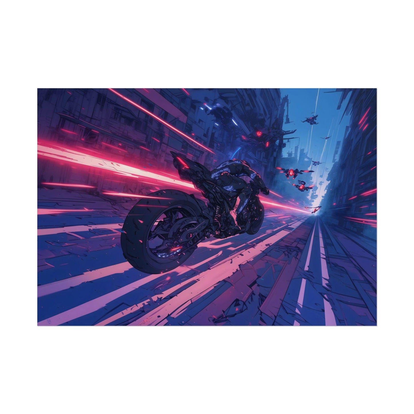 Cyberpunk Motorcycle Chase Poster, Futuristic Anime Wall Art, High-Speed Sci-Fi Decor, Perfect Gift for Anime and Action Fans, Gamers