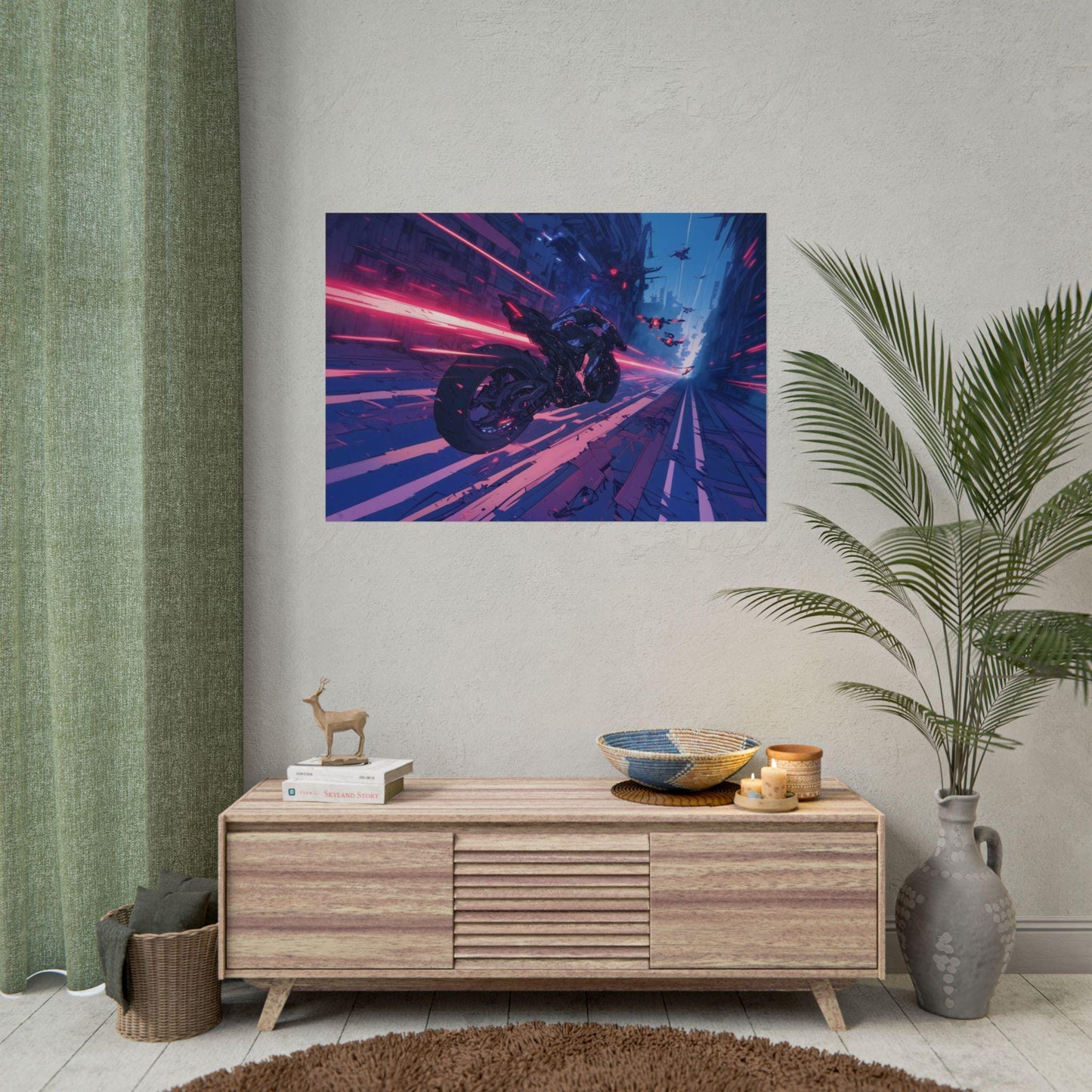 Cyberpunk Motorcycle Chase Poster, Futuristic Anime Wall Art, High-Speed Sci-Fi Decor, Perfect Gift for Anime and Action Fans, Gamers