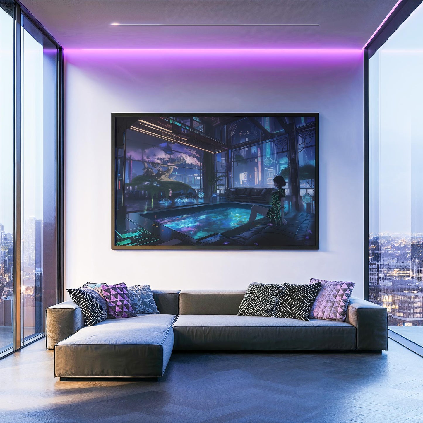 Cyberpunk Lounge Poster, Futuristic Neon Cityscape Wall Art, Retro Anime-Inspired Sci-Fi Decor, Great Gift for Anime and Tech Fans, Gamers