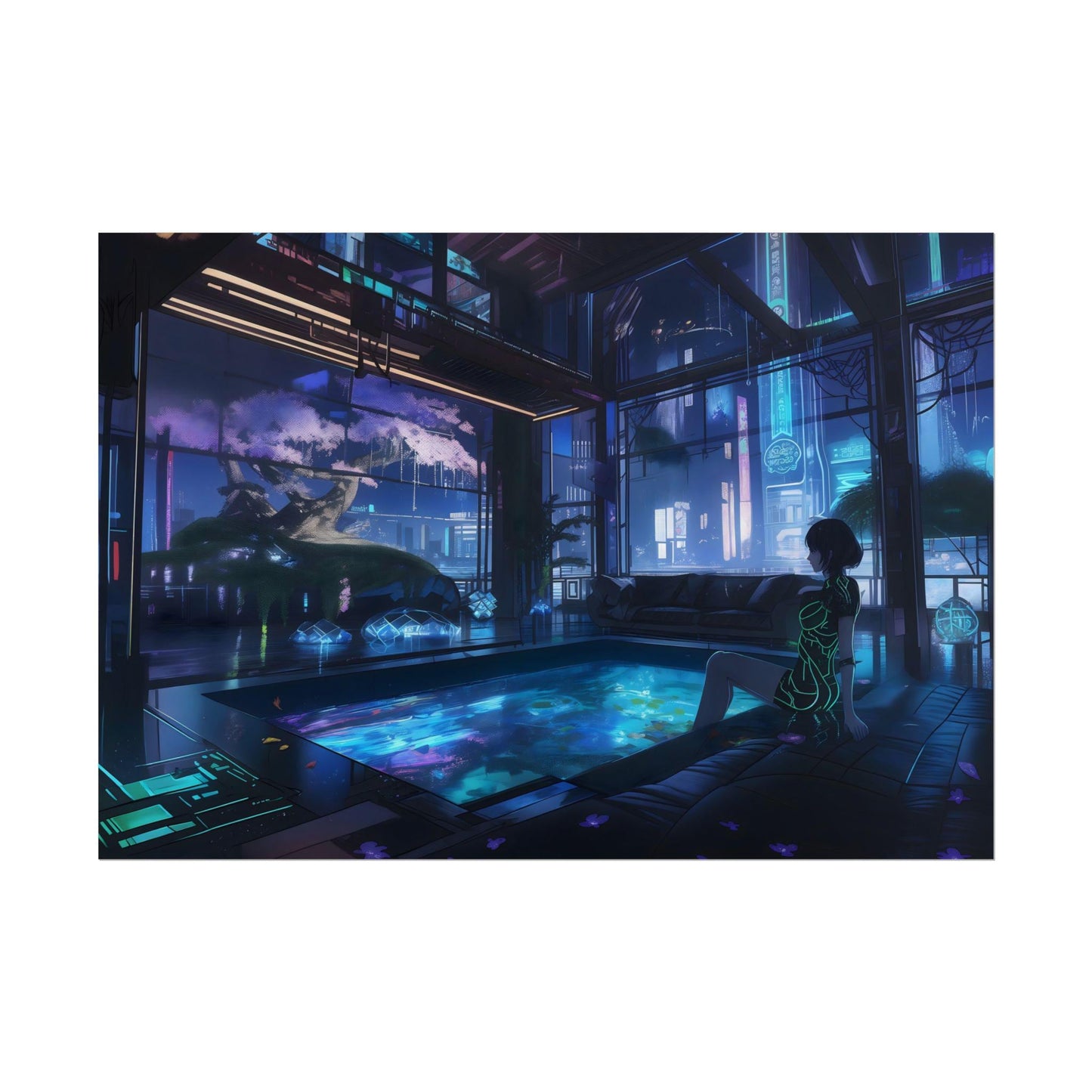 Cyberpunk Lounge Poster, Futuristic Neon Cityscape Wall Art, Retro Anime-Inspired Sci-Fi Decor, Great Gift for Anime and Tech Fans, Gamers