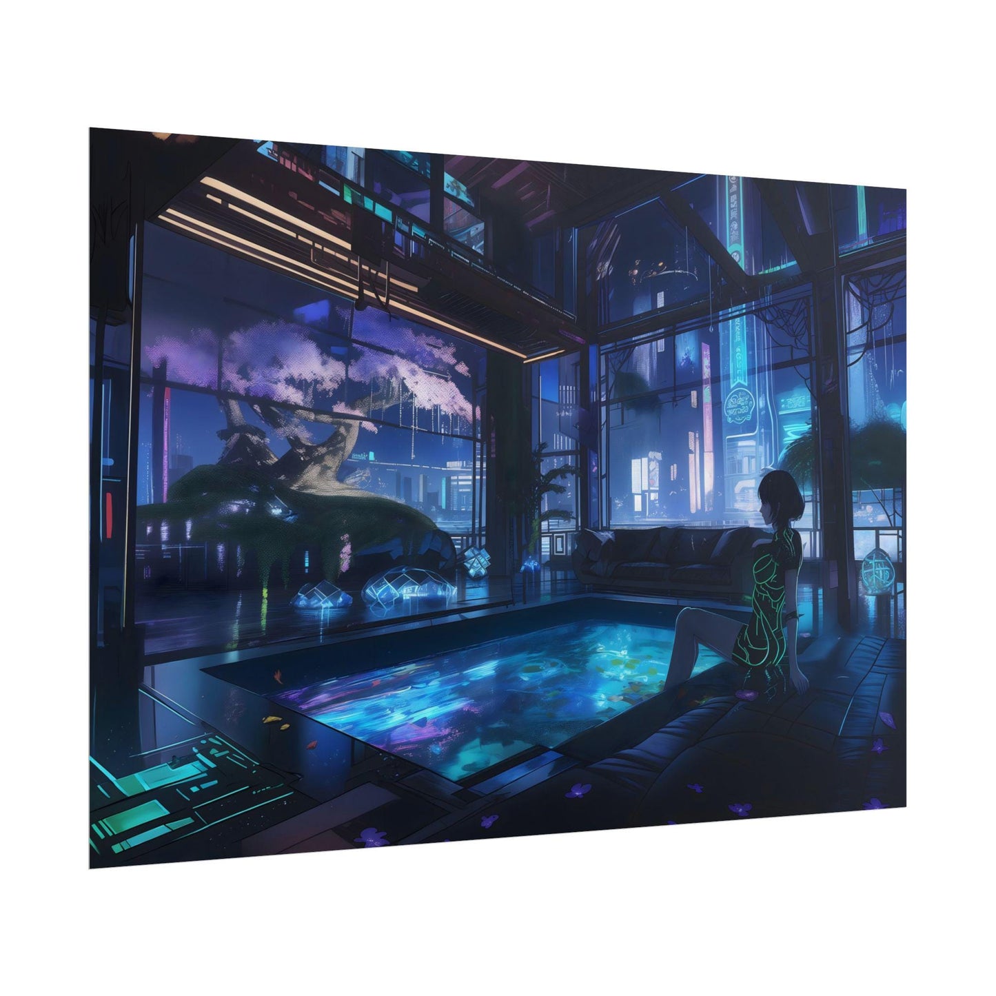 Cyberpunk Lounge Poster, Futuristic Neon Cityscape Wall Art, Retro Anime-Inspired Sci-Fi Decor, Great Gift for Anime and Tech Fans, Gamers