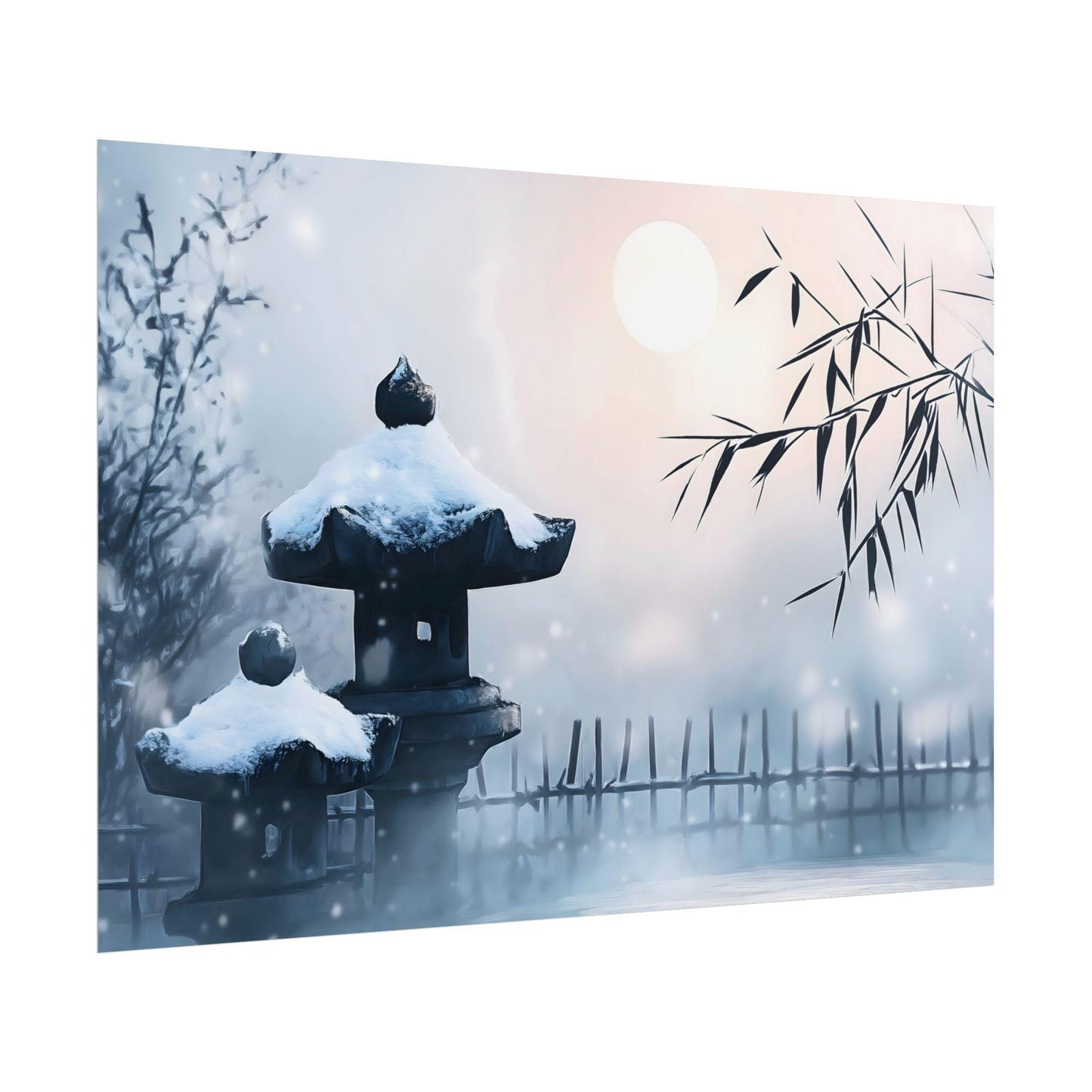 Moonlit Snow Garden Poster Print - Japanese Winter Night Art - Zen-Inspired Wall Decor - Elegant Gift for Meditation Spaces