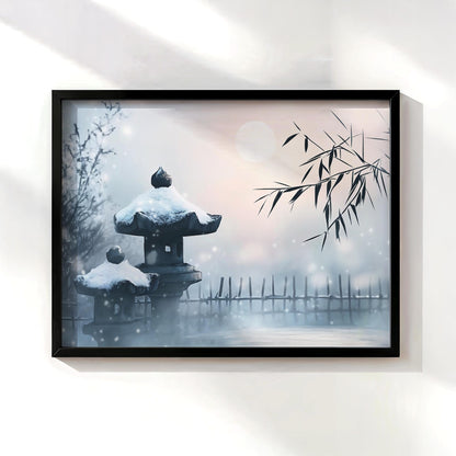 Moonlit Snow Garden Poster Print - Japanese Winter Night Art - Zen-Inspired Wall Decor - Elegant Gift for Meditation Spaces