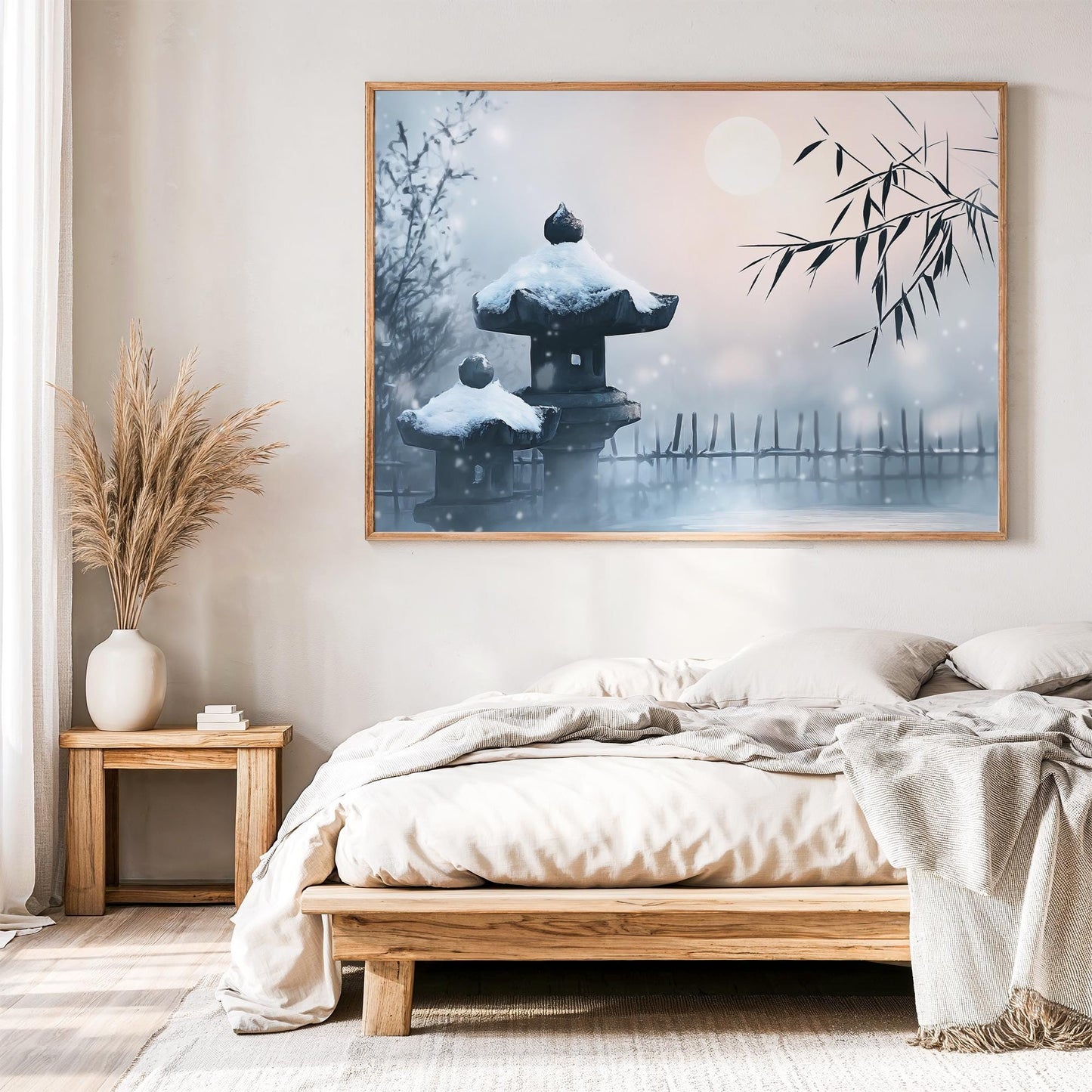 Moonlit Snow Garden Poster Print - Japanese Winter Night Art - Zen-Inspired Wall Decor - Elegant Gift for Meditation Spaces