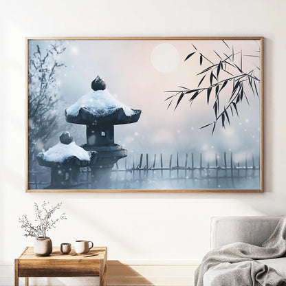 Moonlit Snow Garden Poster Print - Japanese Winter Night Art - Zen-Inspired Wall Decor - Elegant Gift for Meditation Spaces