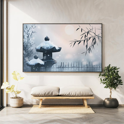 Moonlit Snow Garden Poster Print - Japanese Winter Night Art - Zen-Inspired Wall Decor - Elegant Gift for Meditation Spaces