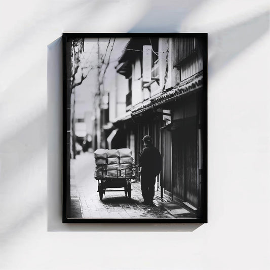 Japanese Delivery Cart Poster Print Vintage Black and White Street Photography Art, Retro Urban Wall Decor, Gift for Japan Lovers