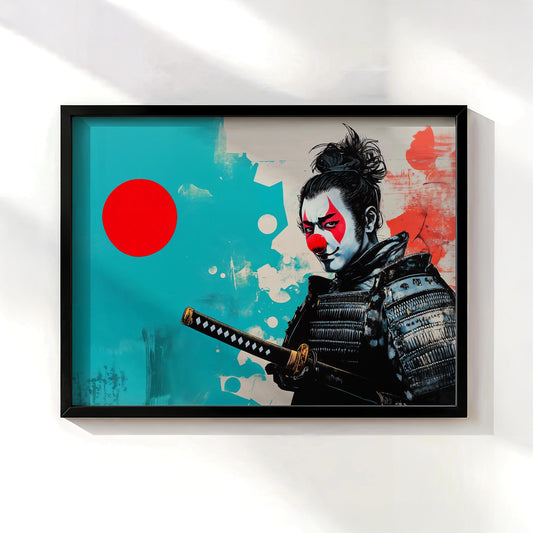 Japanese Samurai Pop Art Print, Turquoise Red Wall Decor, Urban Warrior Portrait, Street Art Style Gaming Room Gift, Modern Graffiti Artwork